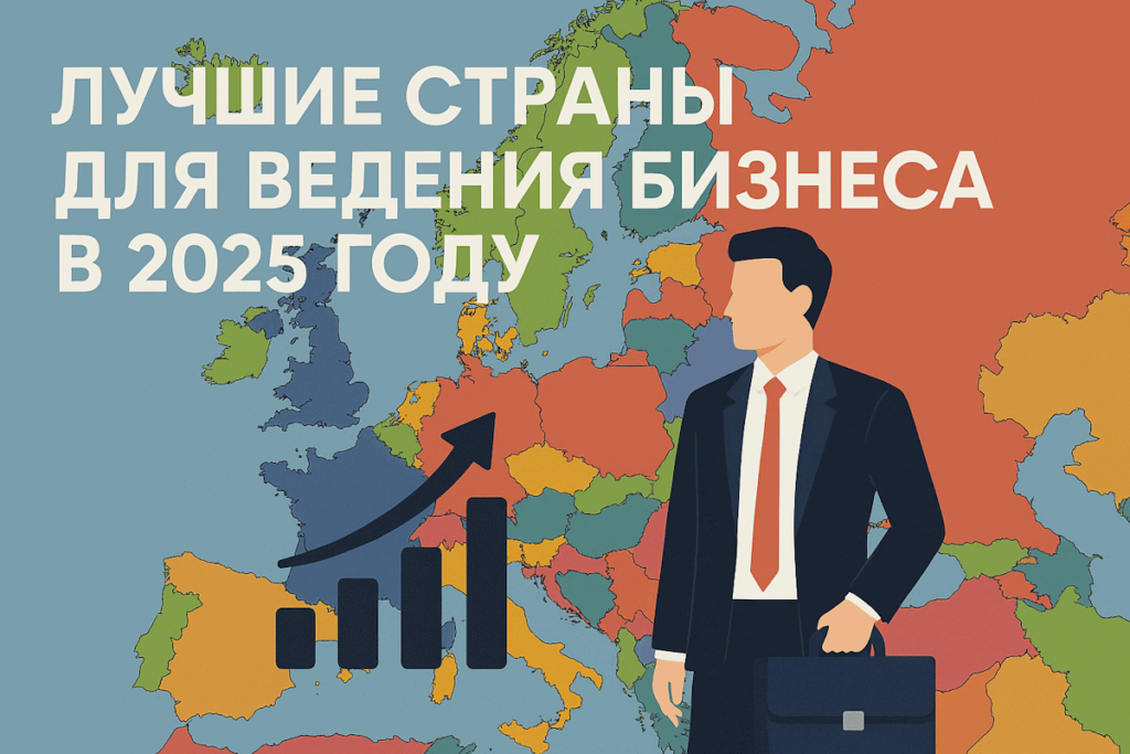 Карта Европы с графиком роста и бизнесменом — обложка статьи о лучших странах для бизнеса в 2025 году