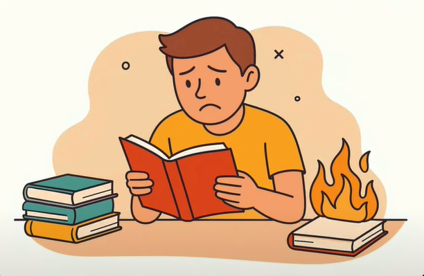 Человек читает рядом с горящей книгой и стопкой других книг